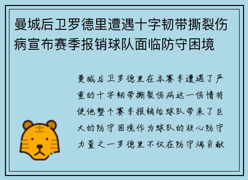 曼城后卫罗德里遭遇十字韧带撕裂伤病宣布赛季报销球队面临防守困境