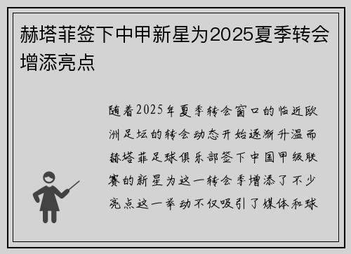 赫塔菲签下中甲新星为2025夏季转会增添亮点